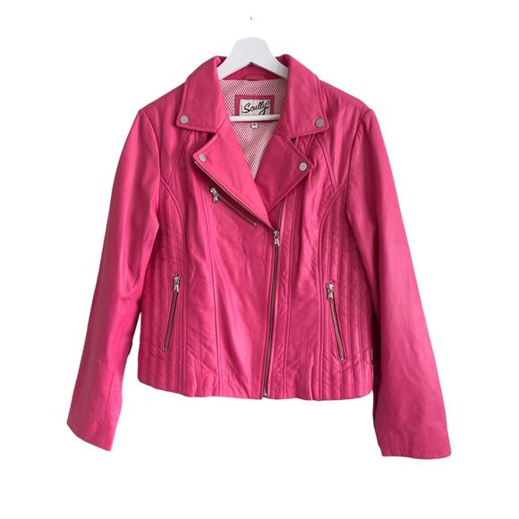 Scully Pink Leather Jacket Womens XL Moto Biker Zippers Vintage - Picture 6 of 7